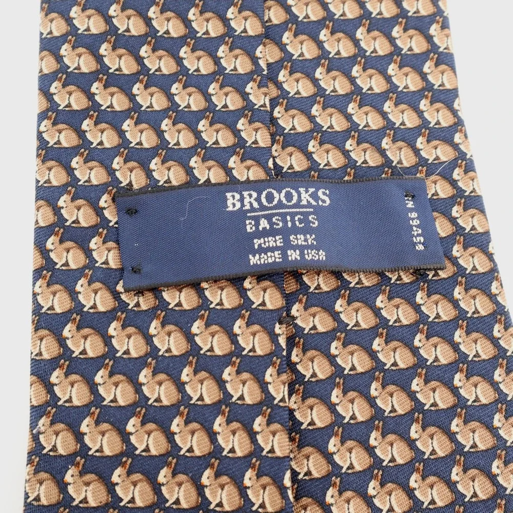 Brooks Basics Pure Silk Necktie Brown Bunny Rabbit Print Made‎ in USA